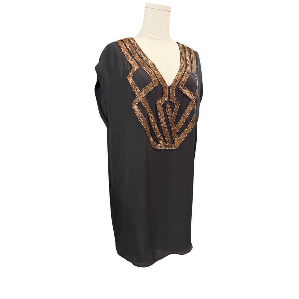 Haute Hippie Black‎ Silk Art Deco Sequin V-Neck Shift Dress Bronze Size S